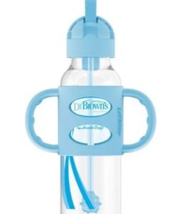 Biberón de Transición con Cañita y Asas de Silicona Boca Estrecha 8oz/250ml. – Azul