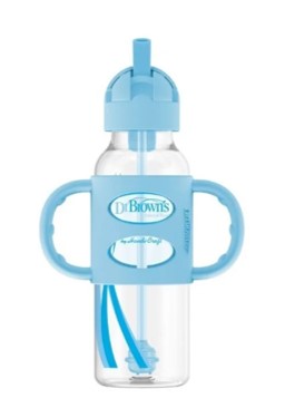 Biberón de Transición con Cañita y Asas de Silicona Boca Estrecha 8oz/250ml. – Azul