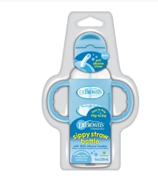 Biberón de Transición con Cañita y Asas de Silicona Boca Estrecha 8oz/250ml. – Azul - Imagen 2
